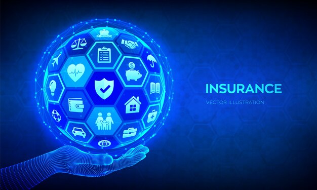 Insurance Services Concept. Abstract 3D sphere or globe with icons in hand.